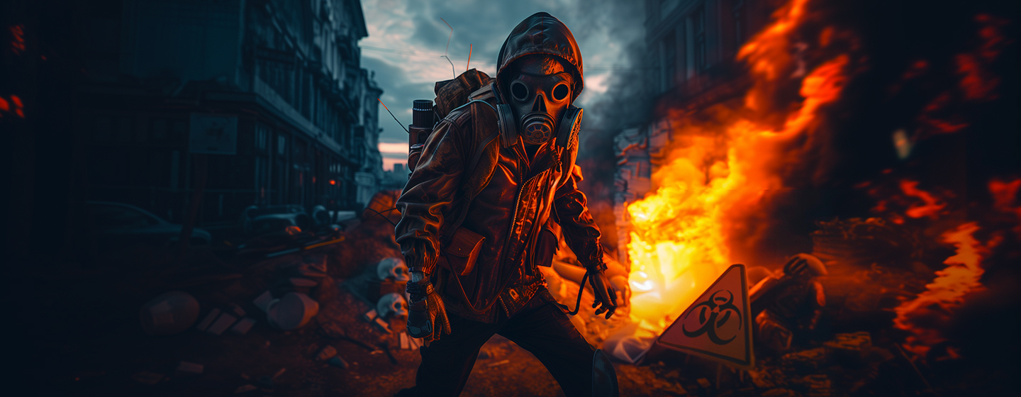 Image for Halloween Party featuring a figure in a gas mask and hooded jacket stands amidst a dark, dystopian city scene, with flames rising from a fire in the background.