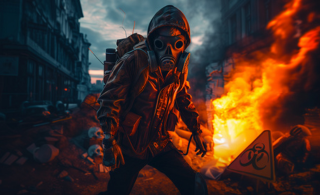 Image for Halloween Party featuring a figure in a gas mask and hooded jacket stands amidst a dark, dystopian city scene, with flames rising from a fire in the background.